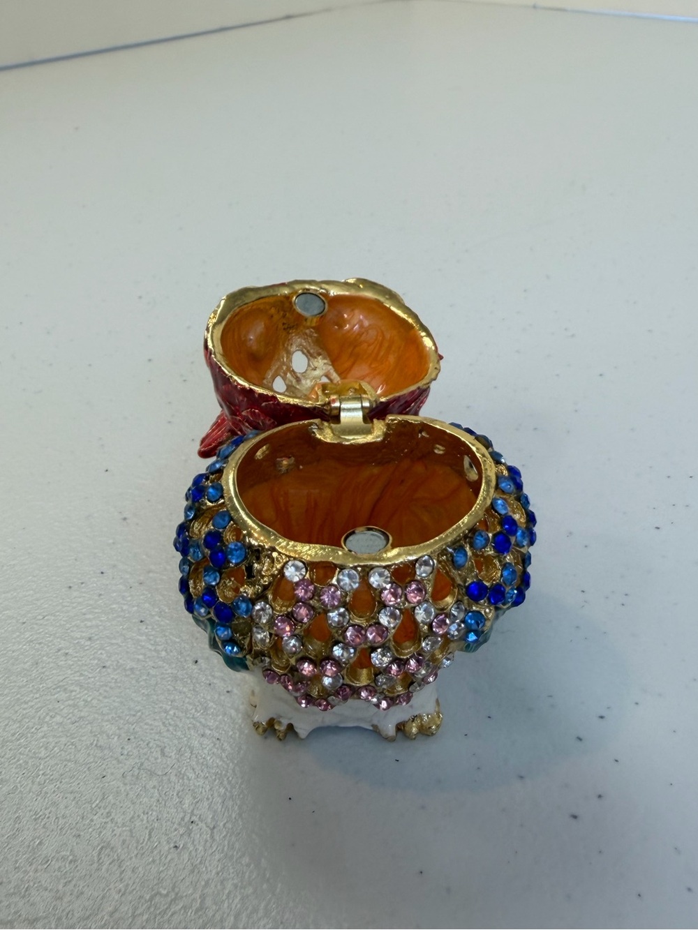 Cloisonné Owl Trinket Box Hinged Jewelry Ring Holder Rhinestone Necklace Red - Picture 4 of 8